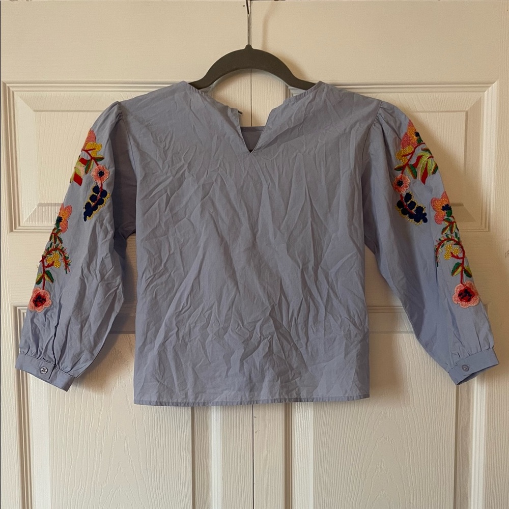 Zara Kids Blue Long Sleeve Tie Blouse with Floral Embroidered Sleeves, Size 7 - Picture 2 of 6